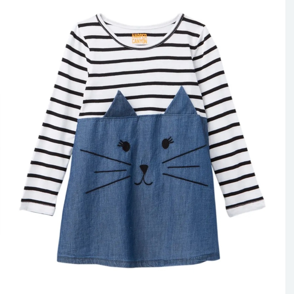 Parisian inspired Girls Cat Navy stripe dress size 5.